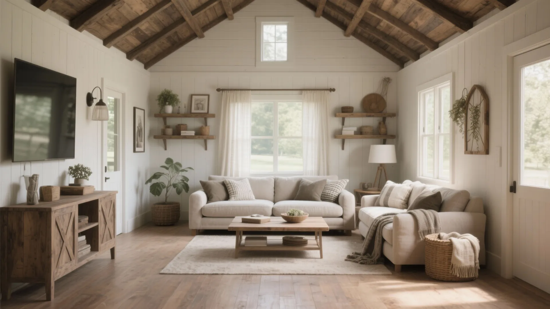 Farmhouse living room with high wood ceiling white sofas wooden cabinet and large wall light