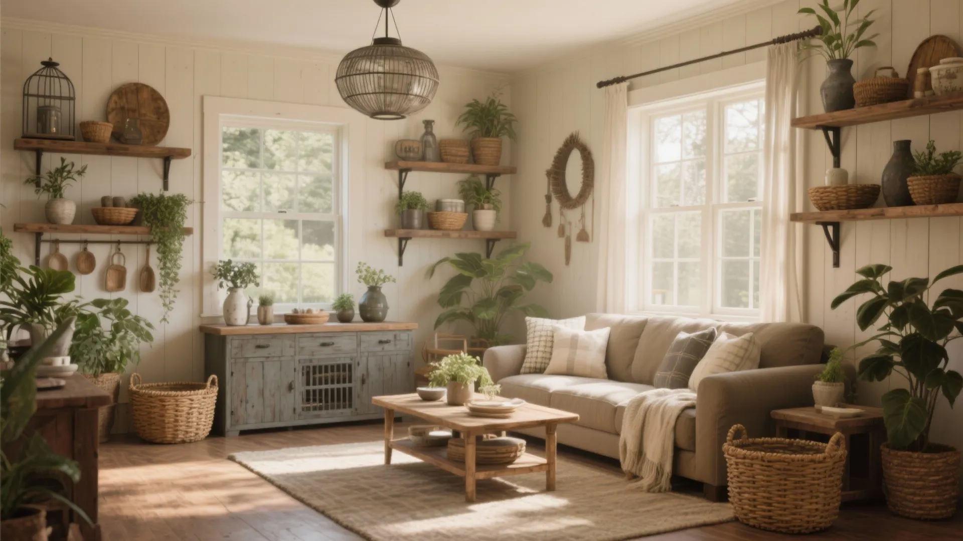 Farmhouse living room with beige sofa wooden coffee table woven baskets green plants and ceiling light