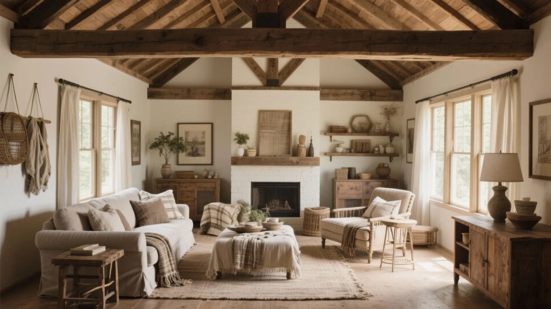 Cozy living room featuring a white fireplace wood ceiling beams beige sofa and rustic wooden furniture