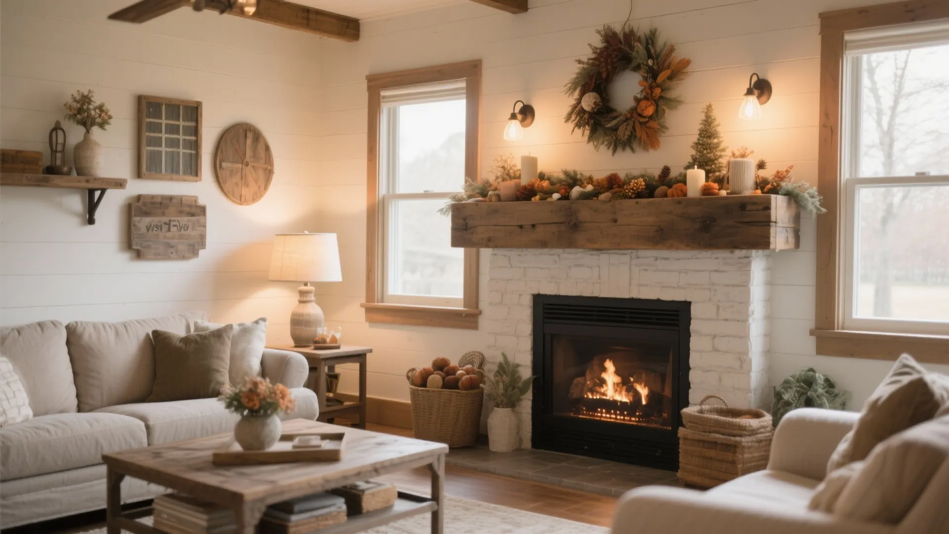 Cozy farmhouse living room with white brick fireplace wooden mantel autumn wreath and warm lighting