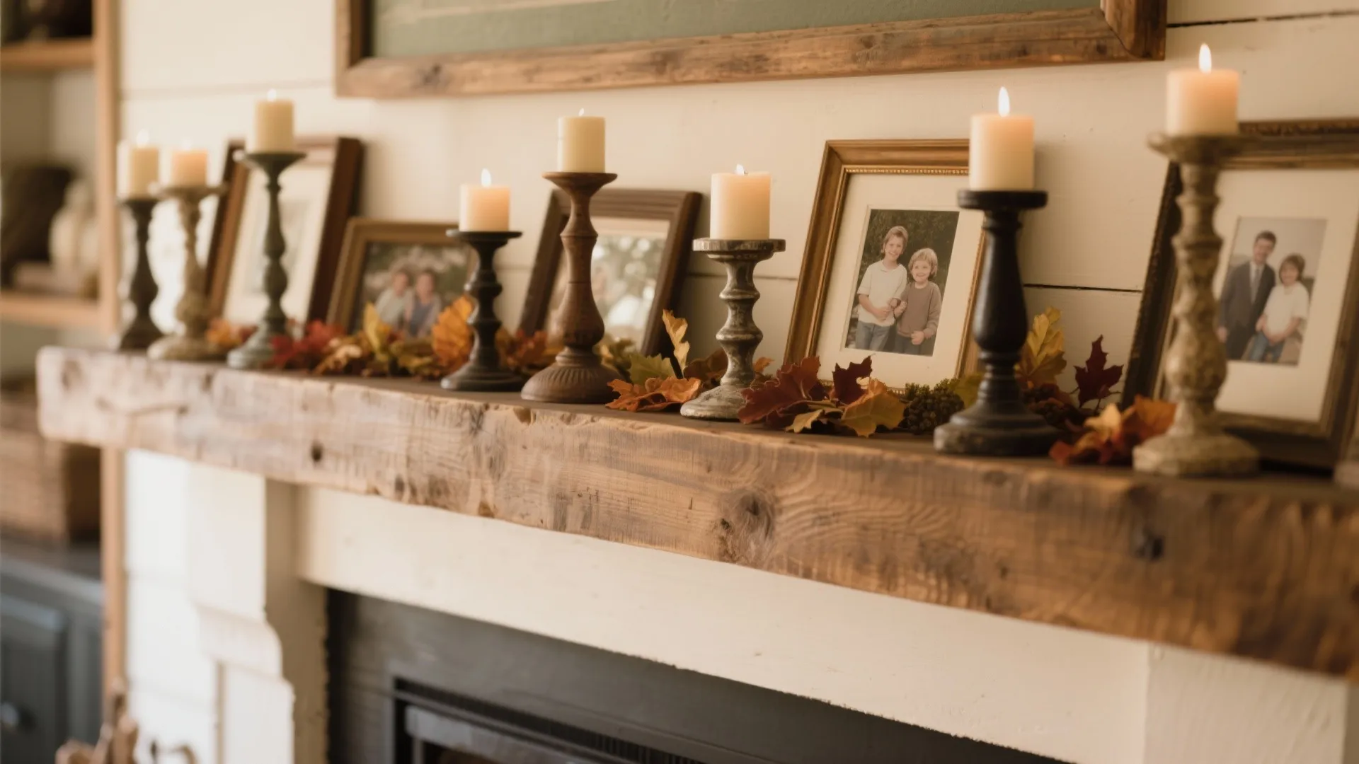 Rustic wooden fireplace shelf decorated with family photo frames candles and autumn leaves for home decor