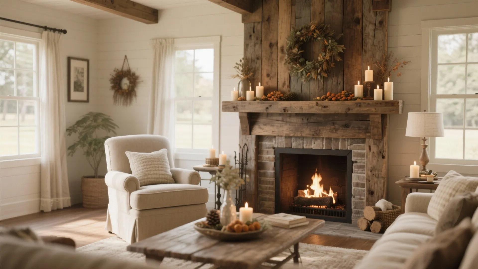 Living room with reclaimed wood fireplace mantel