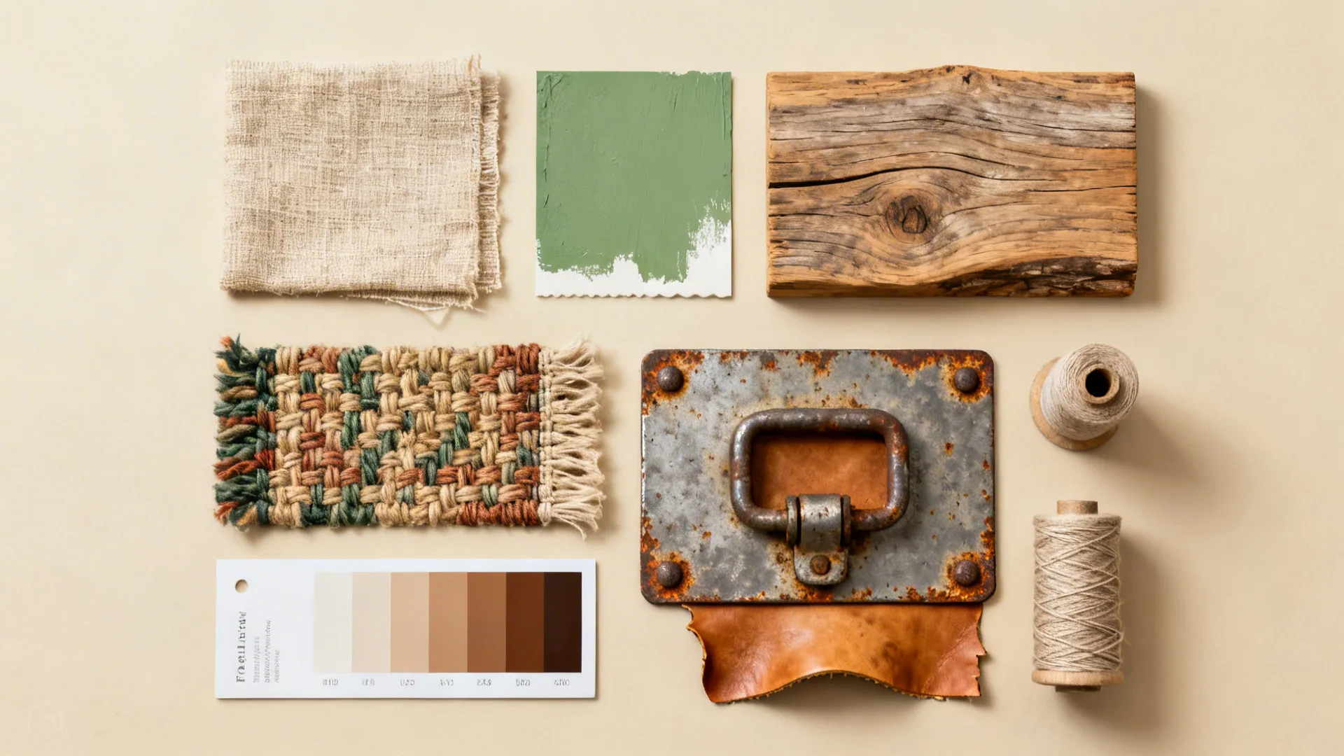 Flatlay of farmhouse materials: linen swatch, wood sample, braided rug fragment, leather scrap and muted paint chip.
