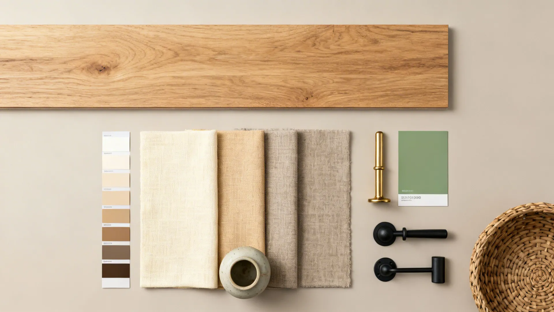 Material flatlay with wood sample, linen swatches, muted green chip and mixed-metal hardware