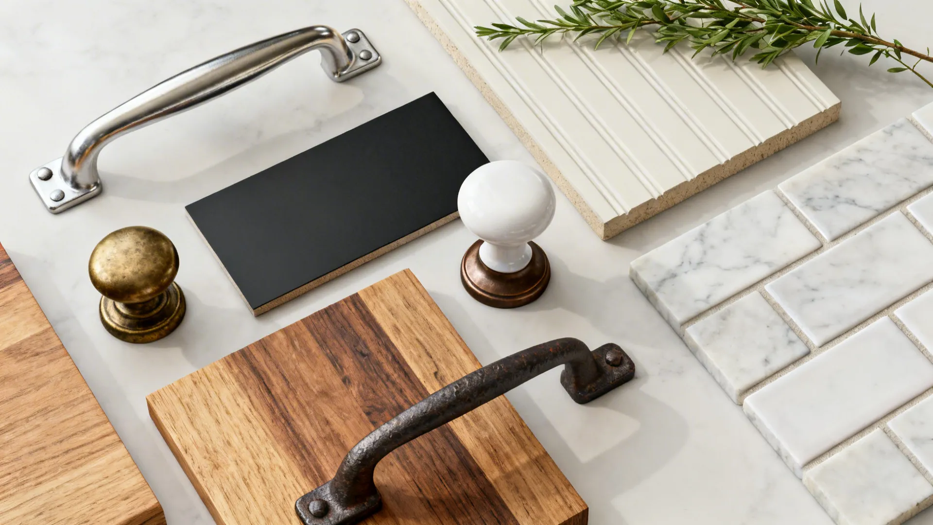 Top-down material flat lay with mixed metal hardware, wood, tile, and quartz samples.