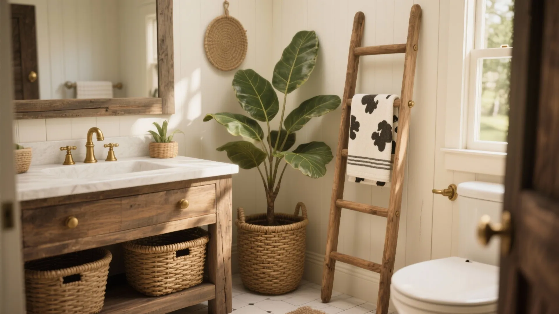 Rustic bathroom with wooden cabinet green plant and a decorative ladder for hanging spotted towels