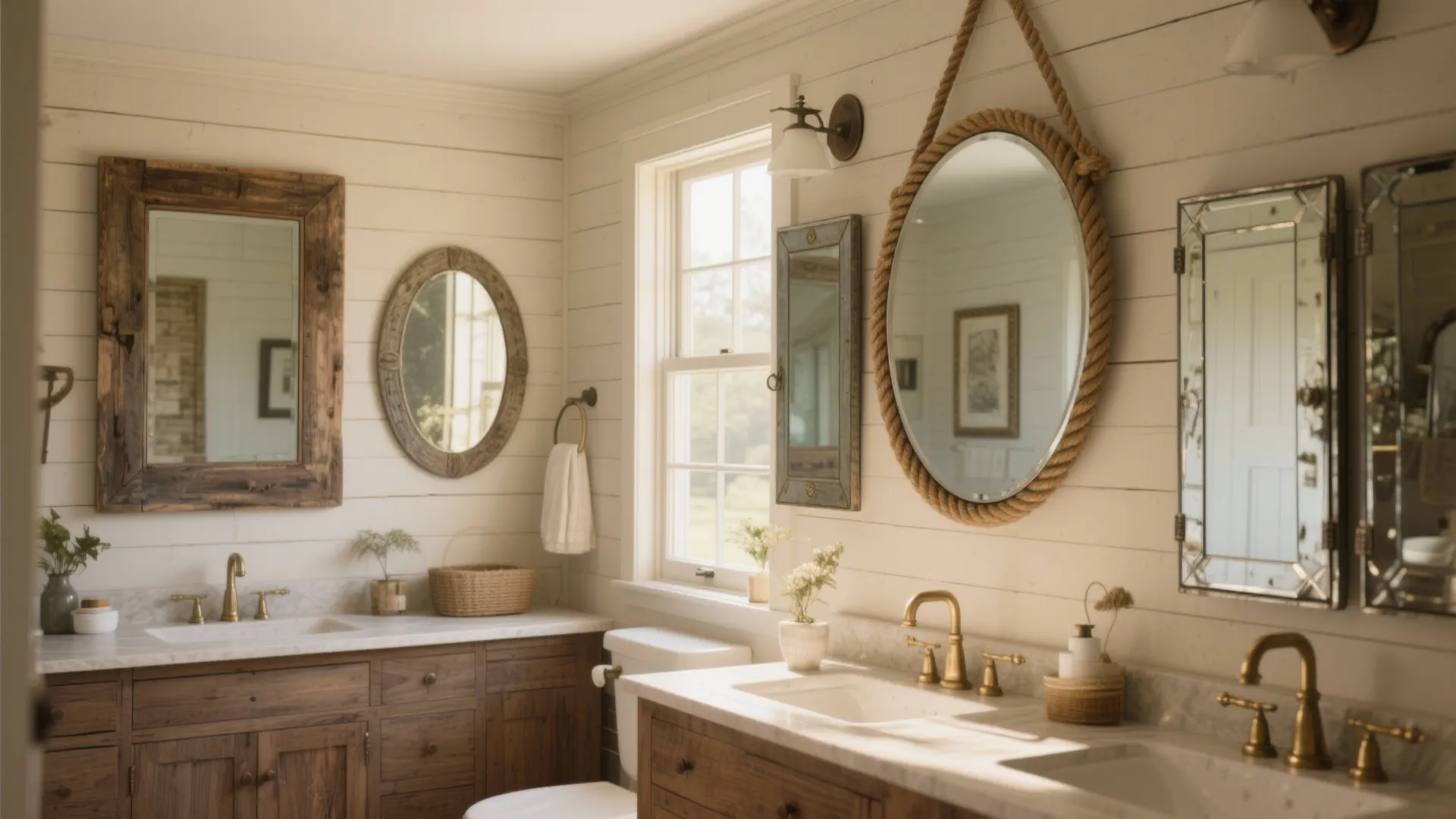 Rustic farmhouse bathroom featuring double wooden cabinets with marble tops and several different wall mirrors