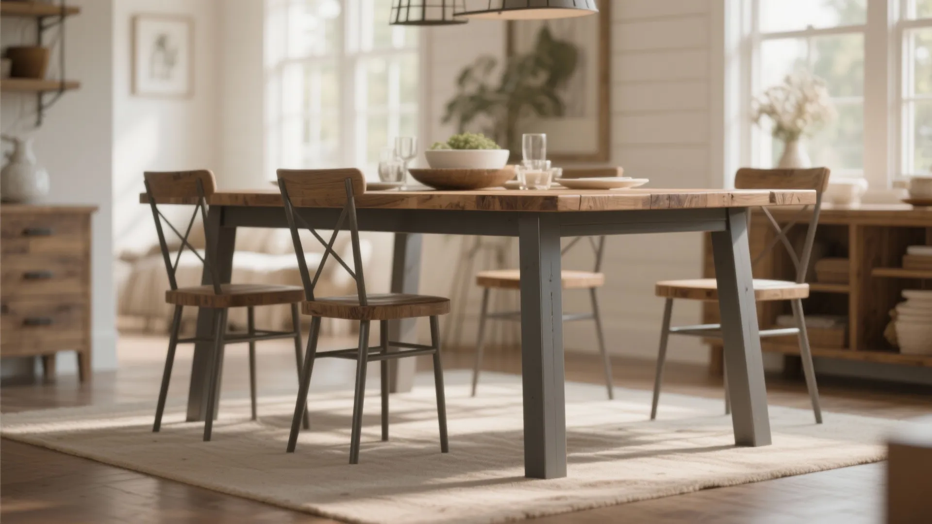 Rustic wooden dining table with grey metal legs on a rug in bright farmhouse kitchen