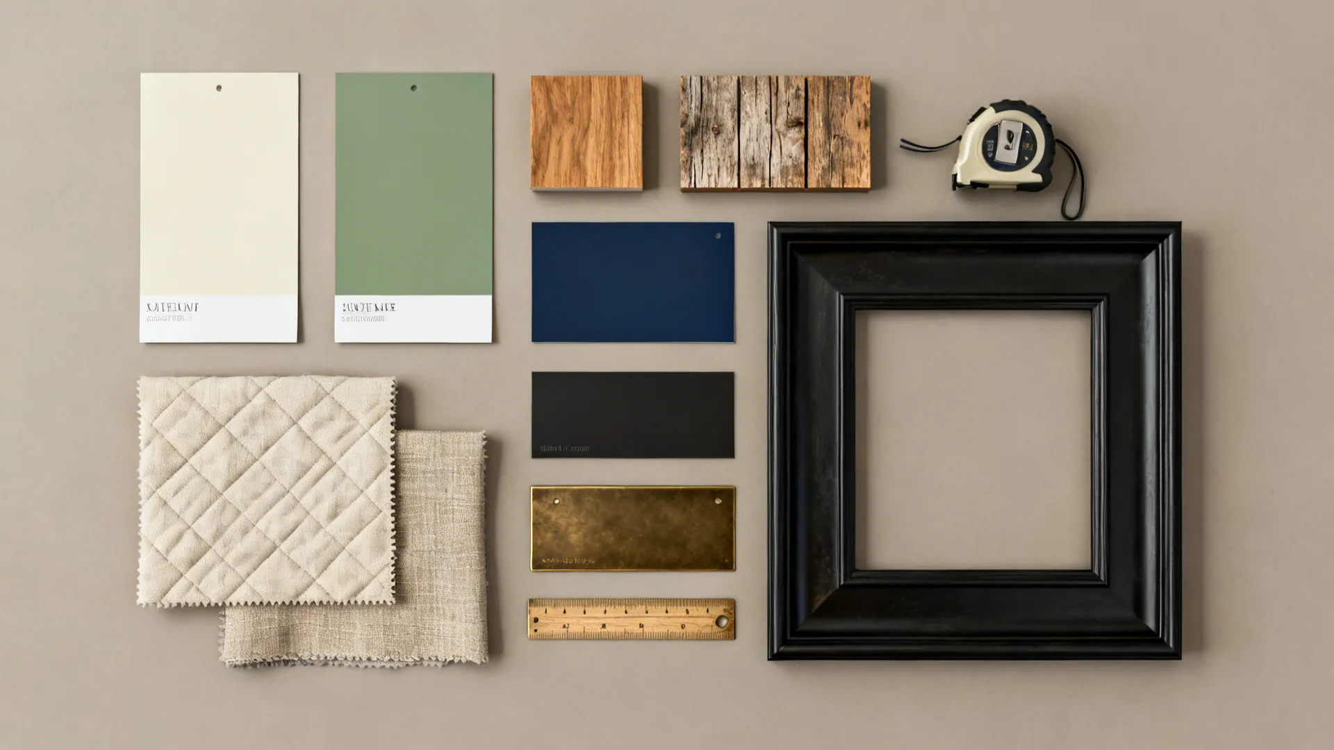 Flatlay moodboard with paint swatches, wood samples, fabrics, and frame finishes for farmhouse dining walls.