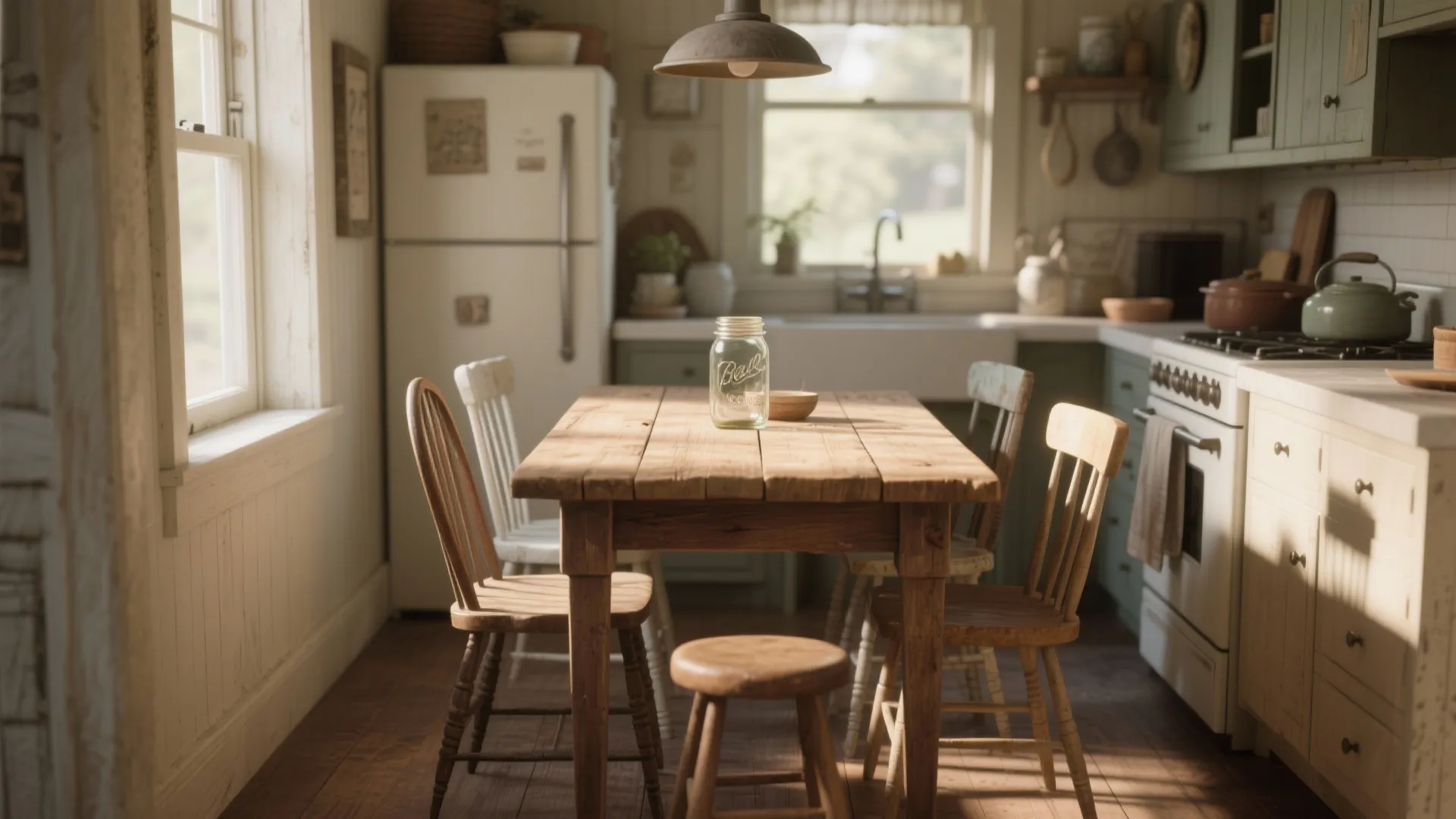 Rustic farmhouse kitchen with wooden dining table and chairs white fridge window and ceiling light