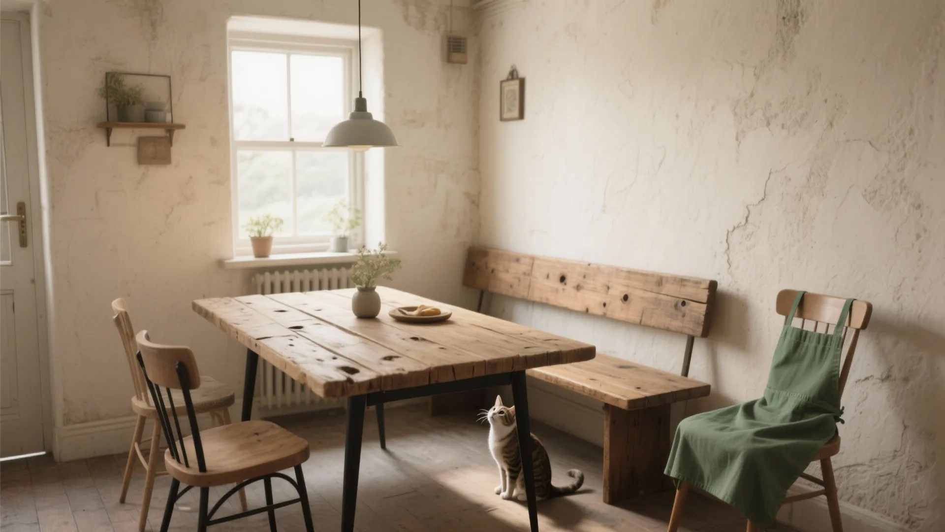 Rustic dining area with wooden table, bench, ceiling light, white walls, and a small cat