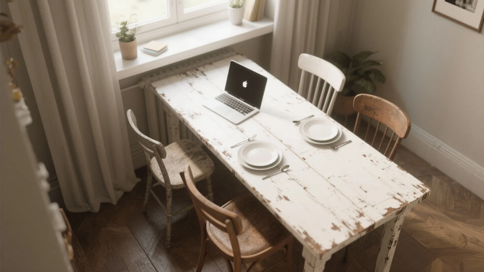 Top-down view of a narrow distressed farmhouse table serving as dining and workspace