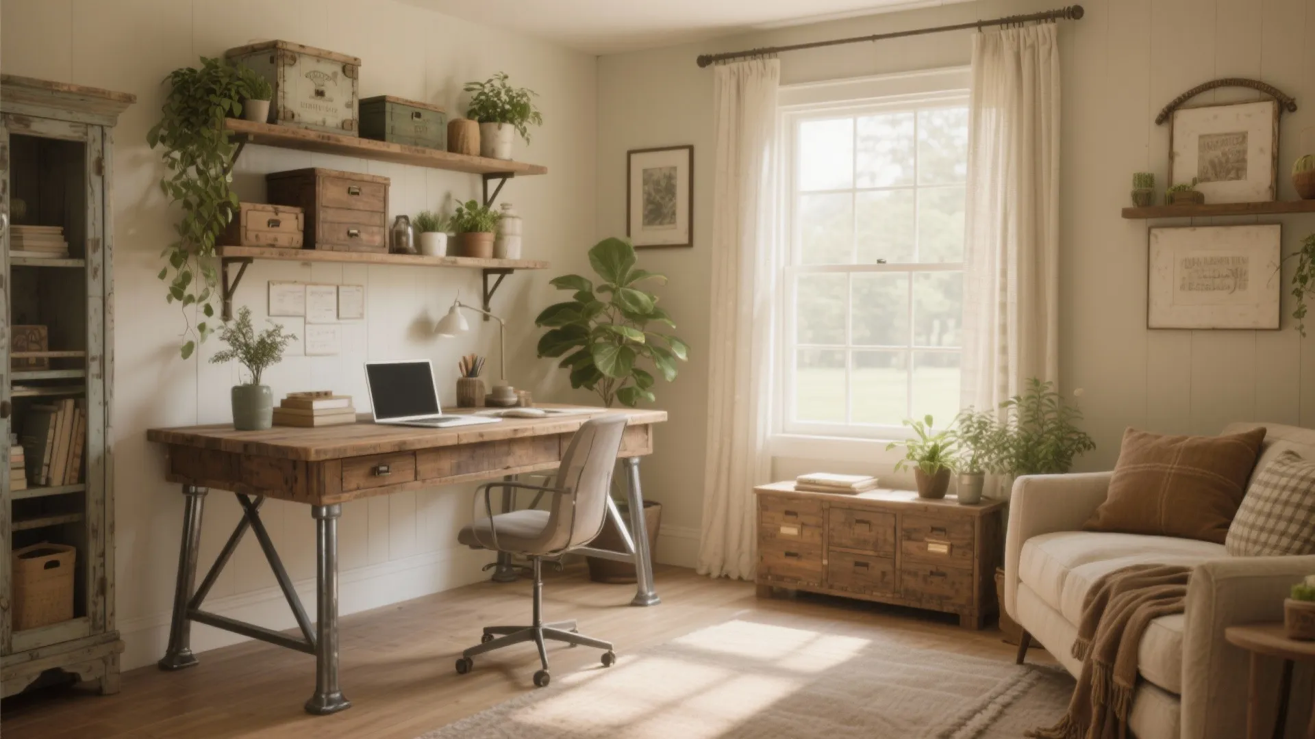 Rustic home office featuring wooden desk laptop cabinet wall shelves green plants sofa and natural window