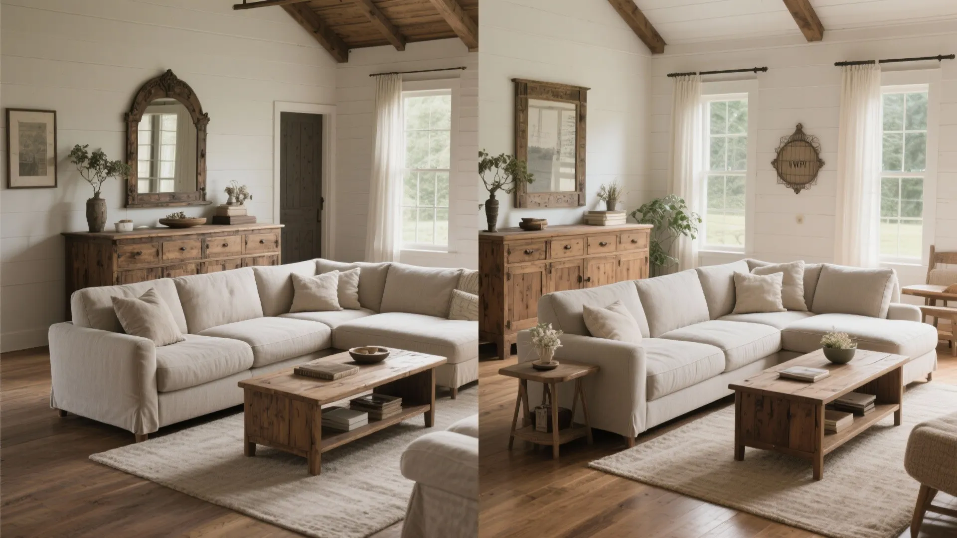 Farmhouse living room blending modern sofa with antique sideboard