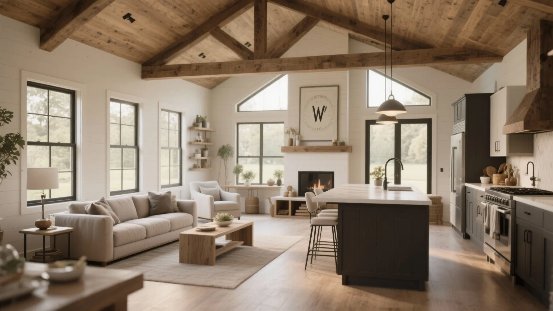 Open plan farmhouse living room and kitchen featuring vaulted wood ceilings, fireplace, and large windows