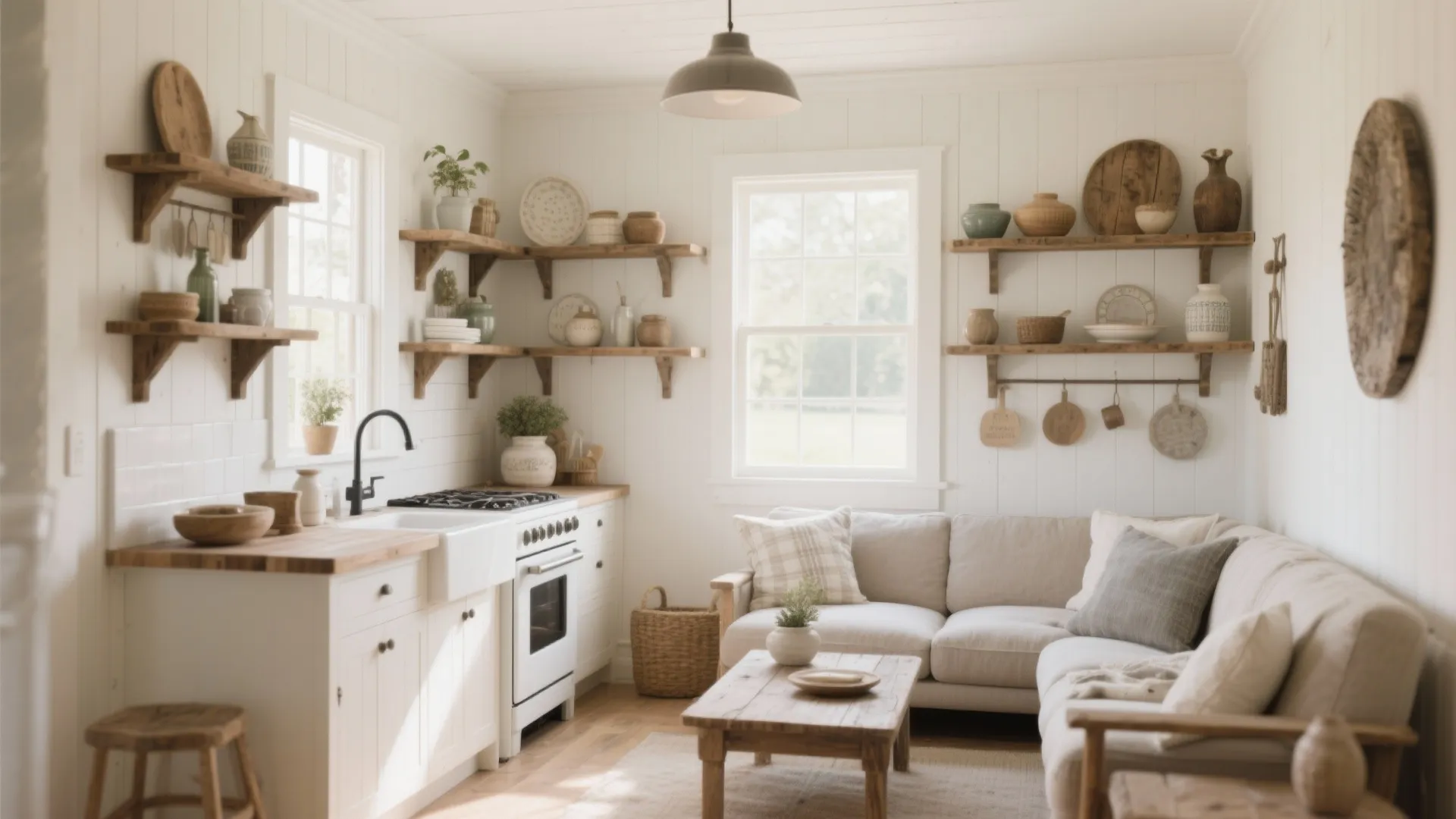 Bright farmhouse kitchen with white cabinets, wooden open shelves, beige sofa, and small coffee table