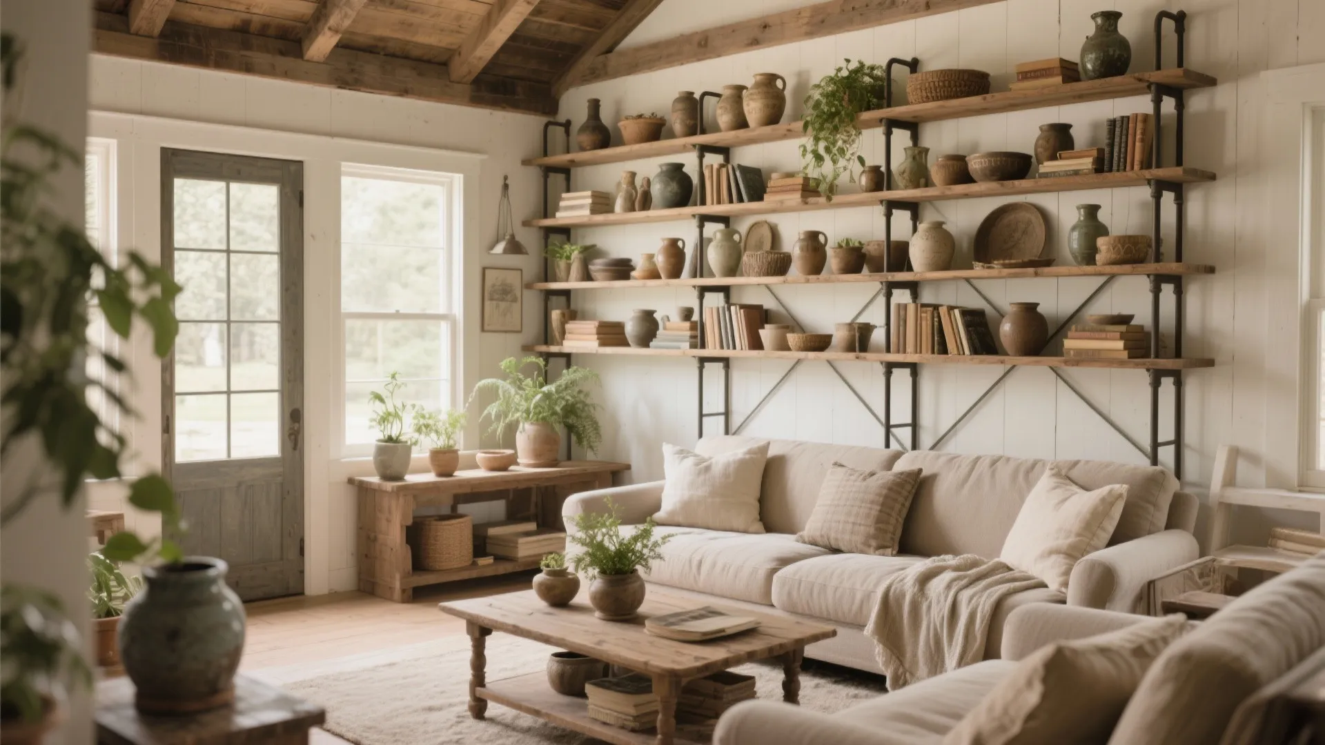 Rustic living room with beige sofa wooden coffee table large wall shelves and vaulted wood ceiling