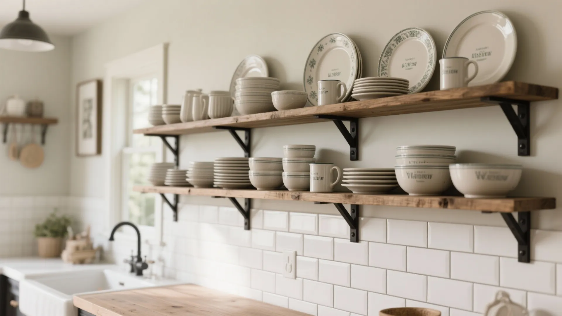 Open wood shelves with neatly arranged dishes in a farmhouse kitchen