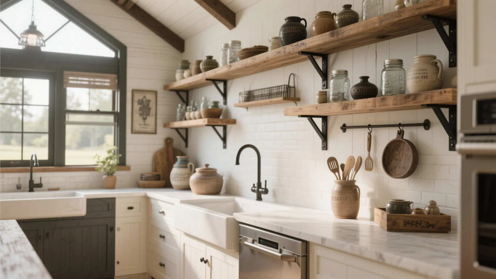 2. Open Shelving with Farmhouse Flair