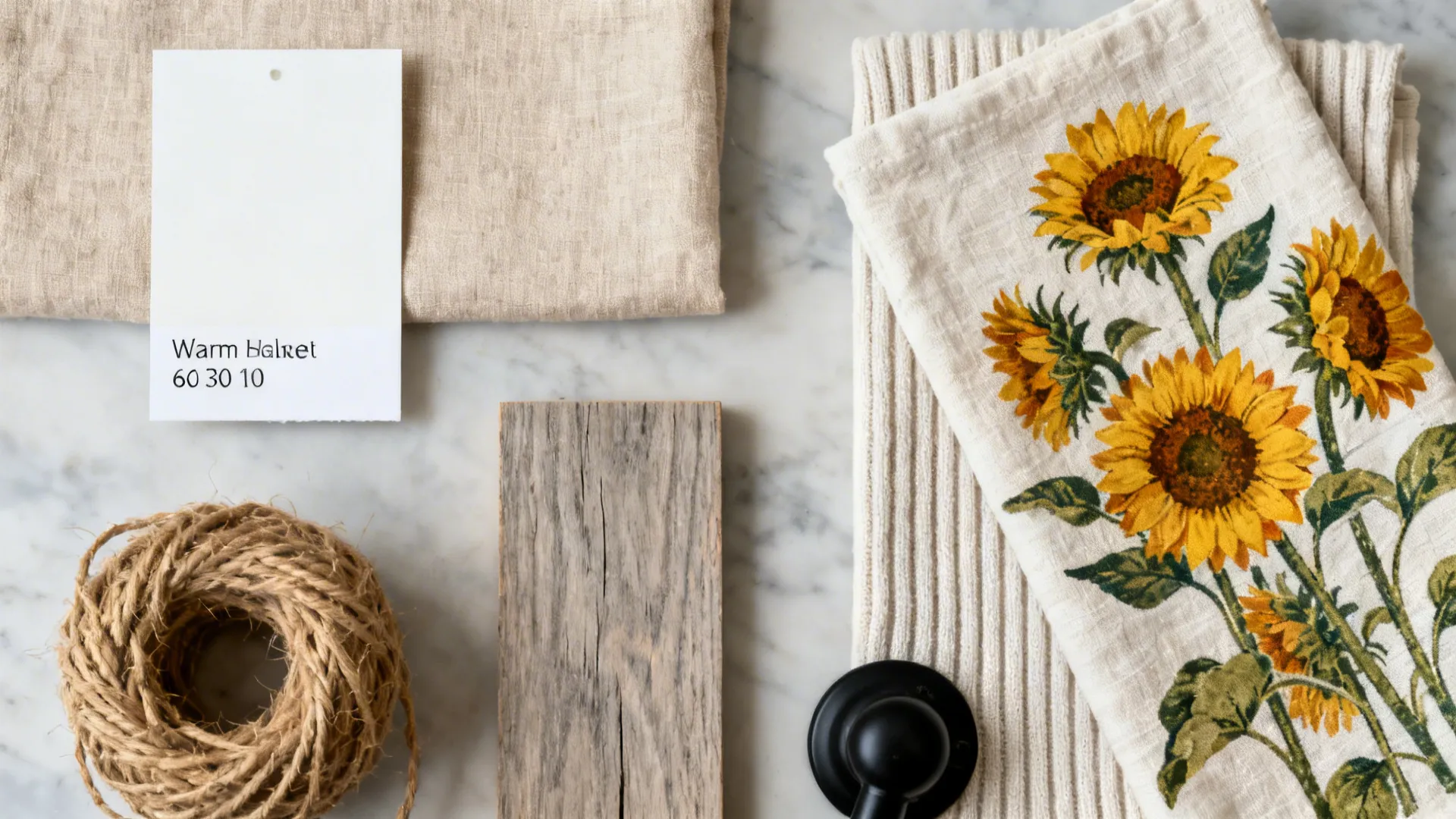 Flat lay of warm neutrals with sunflower linen, jute, and matte black hardware.