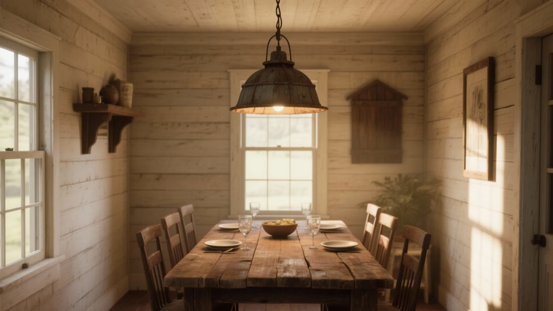 Rustic wooden dining table with chairs under a large metal ceiling light in farmhouse kitchen