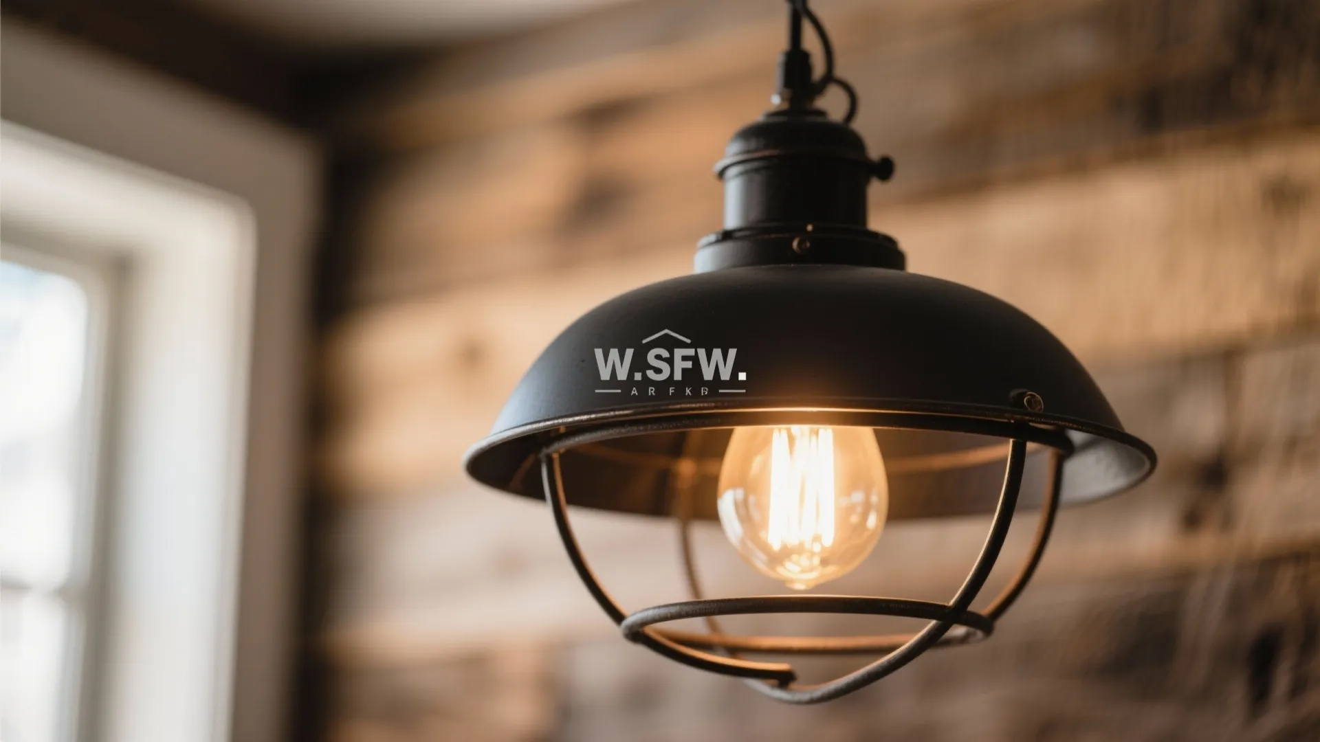 Close up of a black industrial ceiling light with warm light bulb against wood wall
