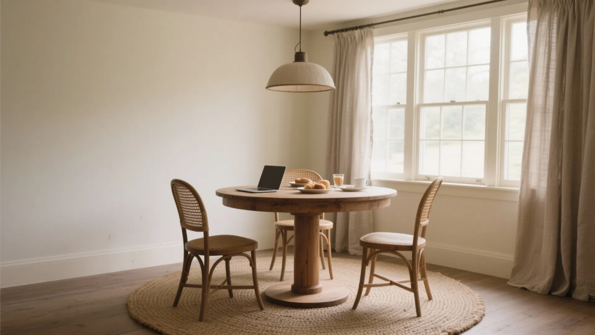 Farmhouse dining room with round wooden table, woven chairs, laptop, breakfast, ceiling light, and windows