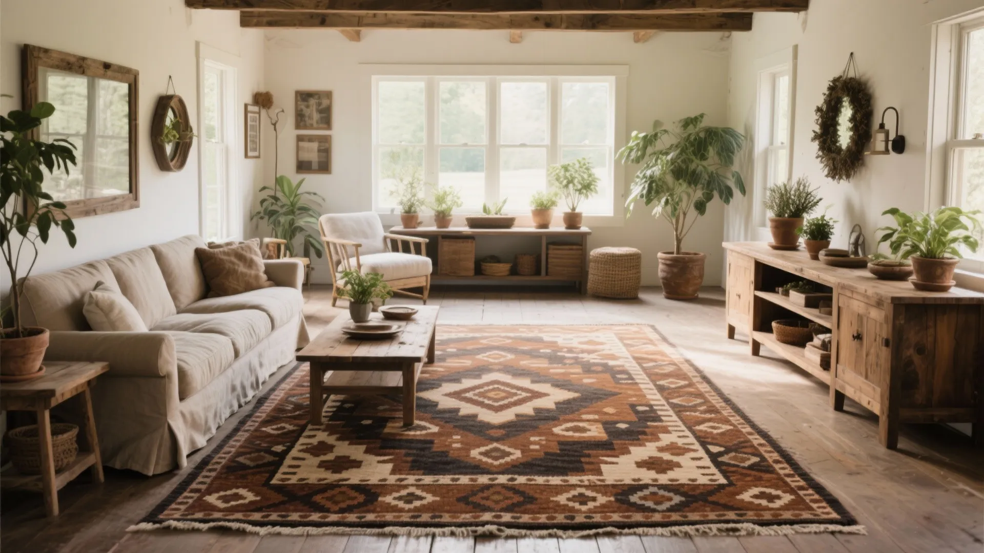 Farmhouse living room featuring a large patterned rug beige sofa wooden coffee table and plants