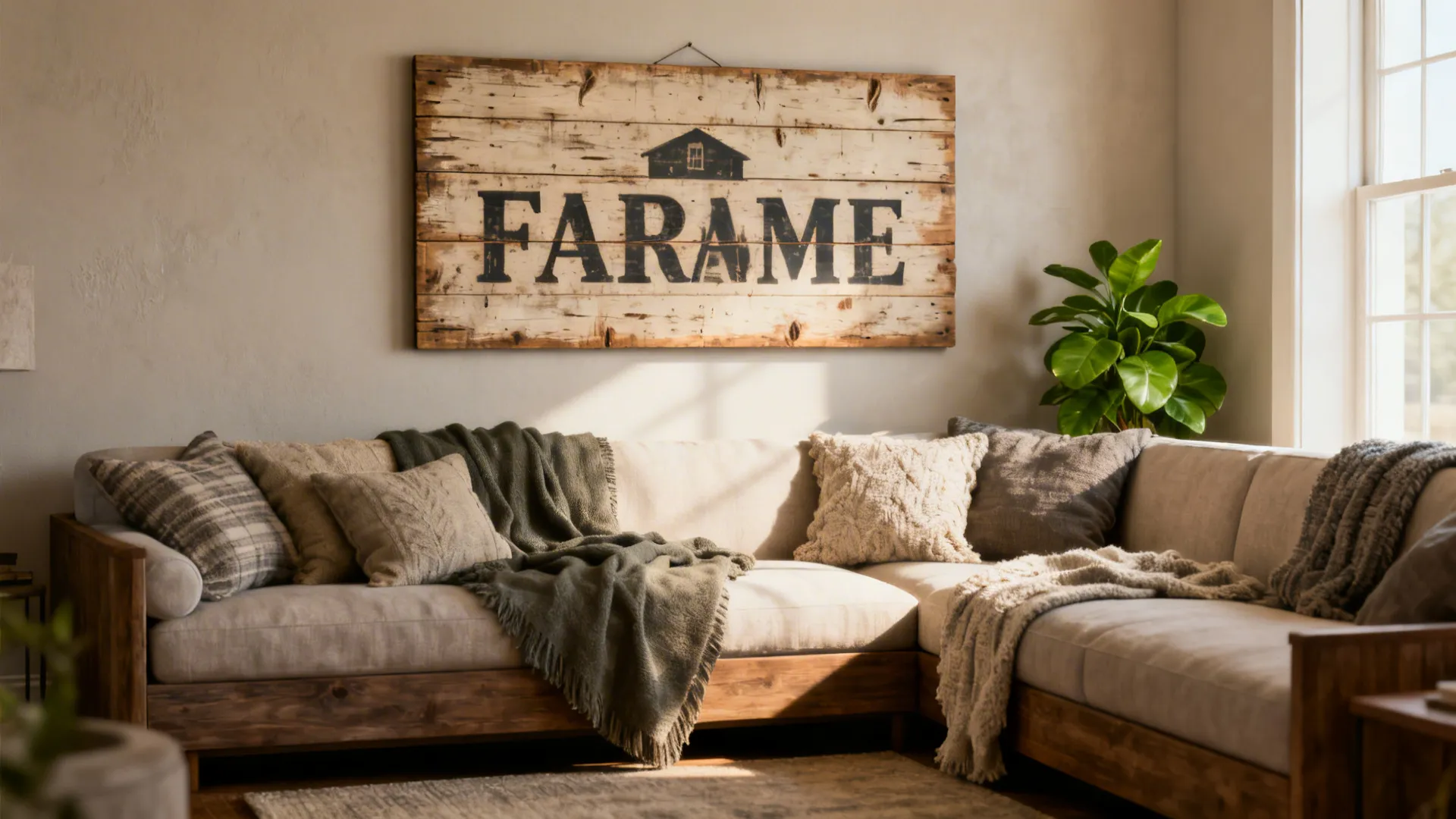 Cozy farmhouse living room with wooden sofa, soft pillows, green plant, and rustic wall sign
