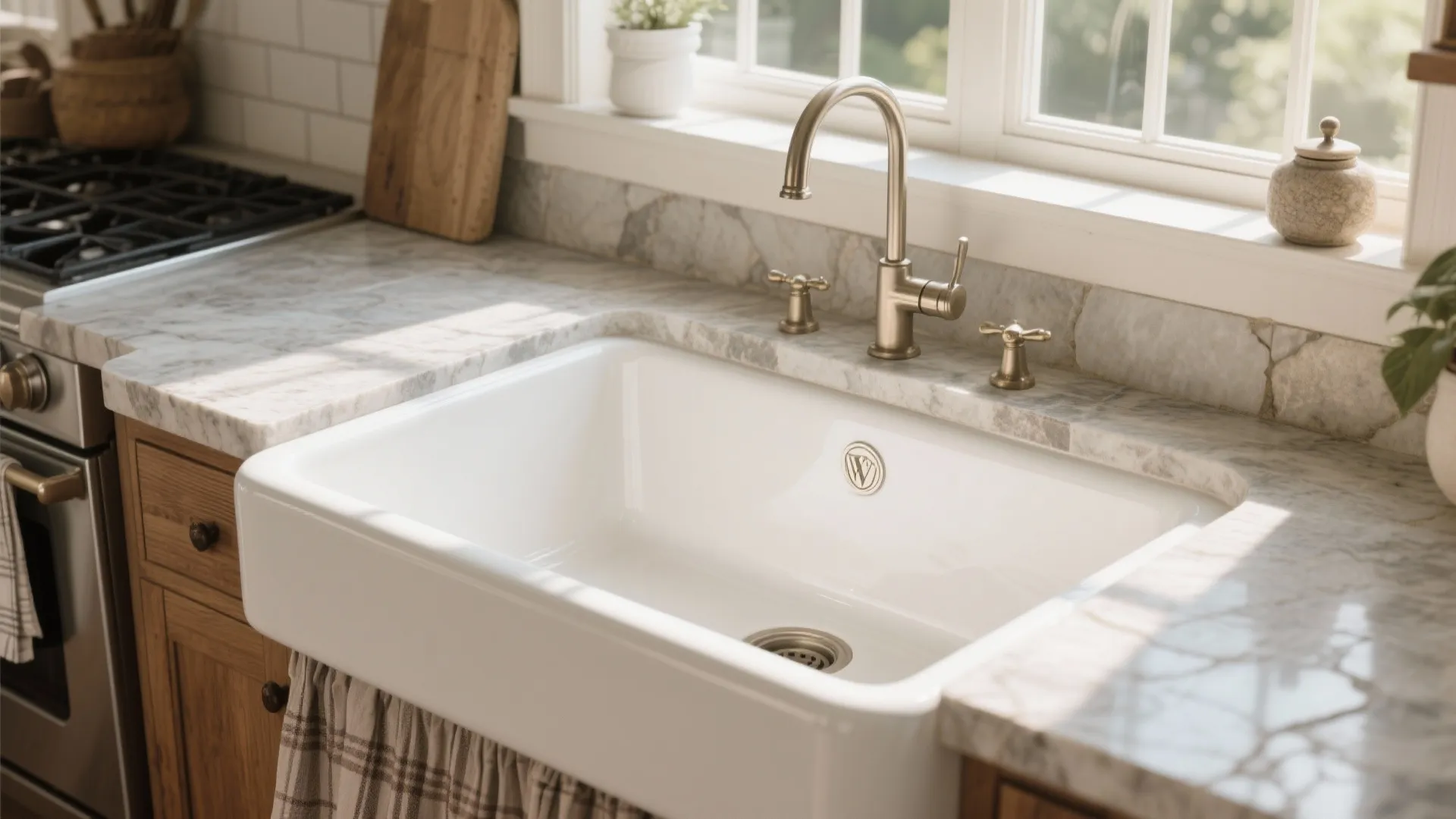 White ceramic farmhouse sink with wood and stone countertops