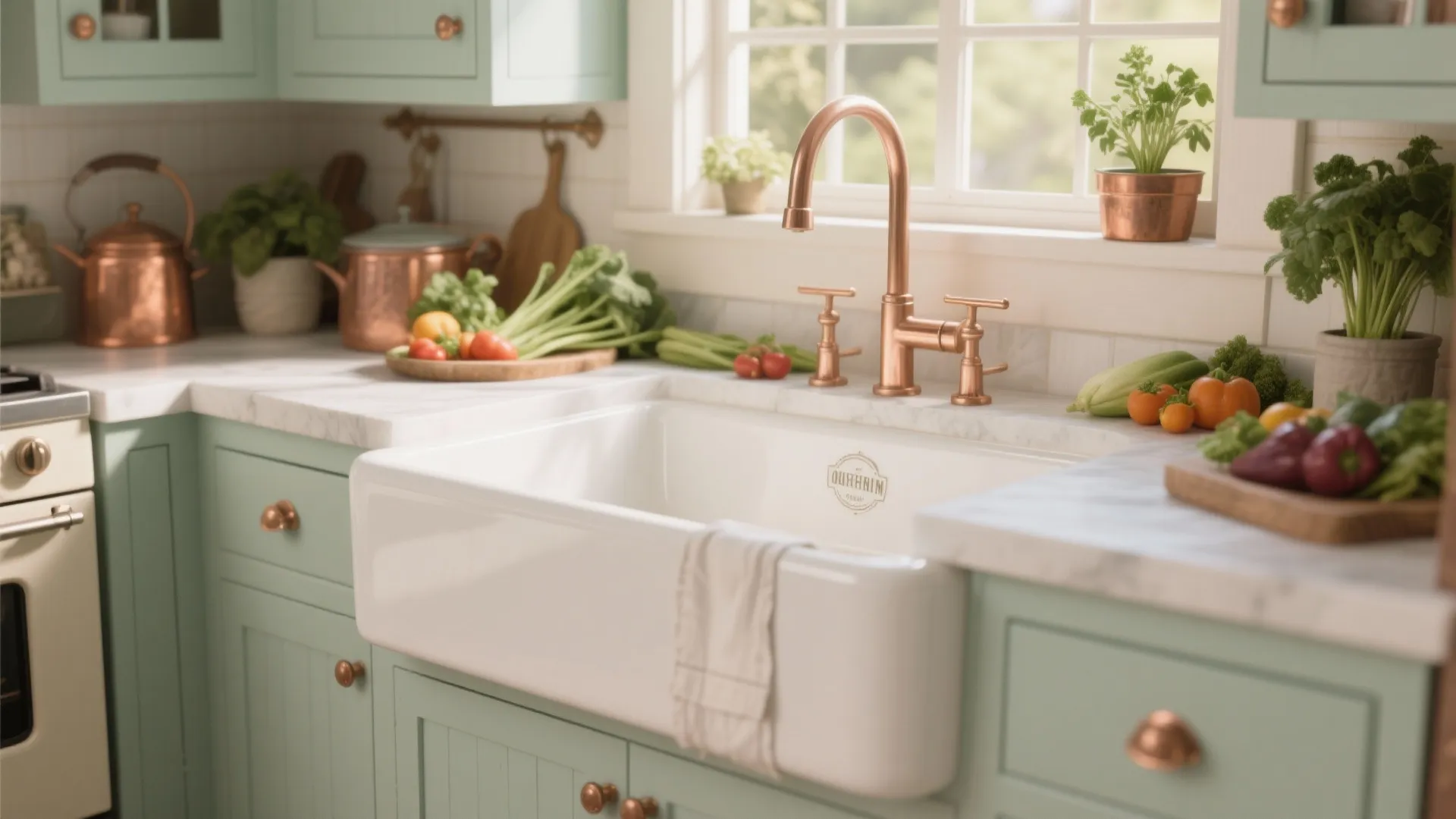 White apron-front farmhouse sink with vegetables