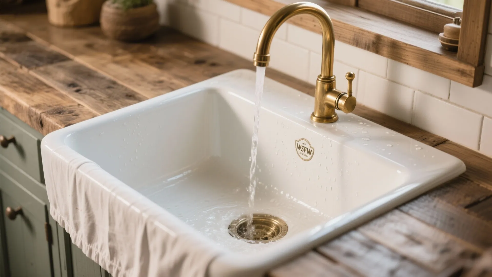 White kitchen sink with gold water tap on a wooden countertop and white wall tiles