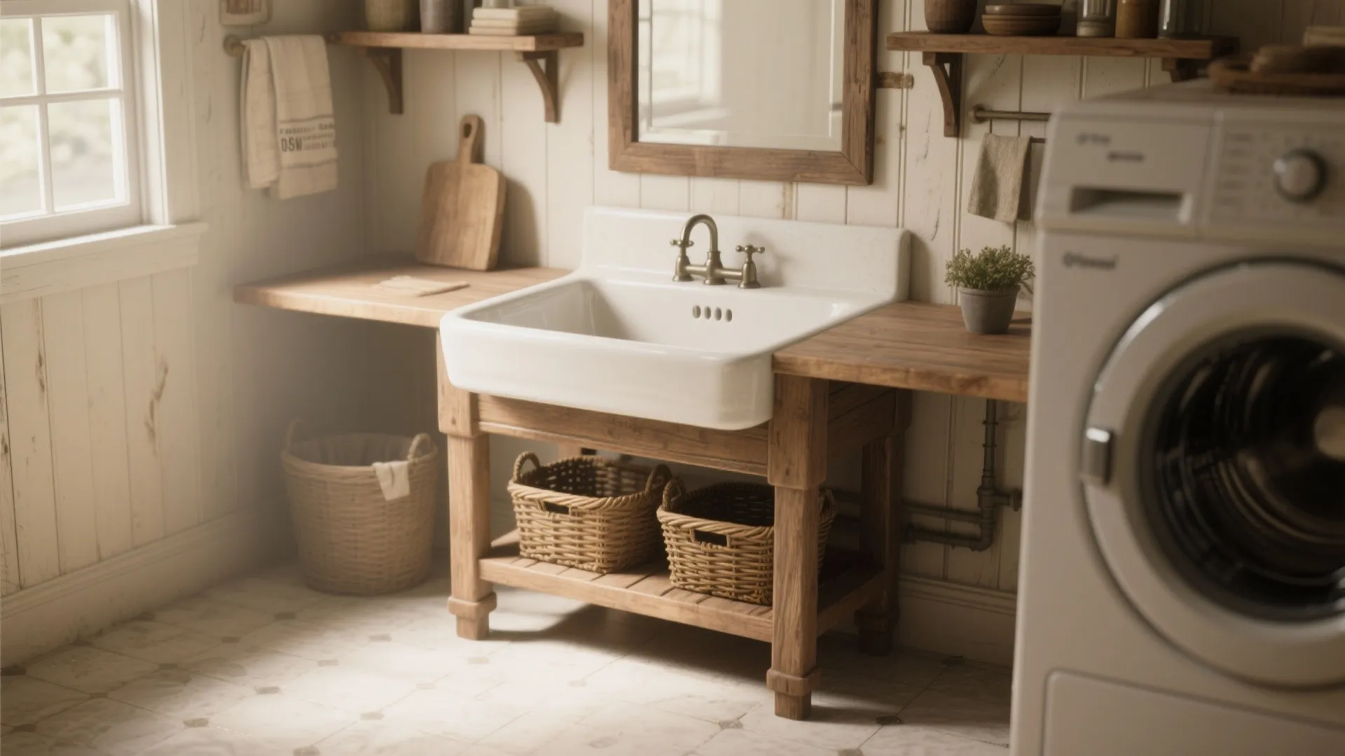 Large white ceramic sink on wooden stand with storage baskets next to a washing machine