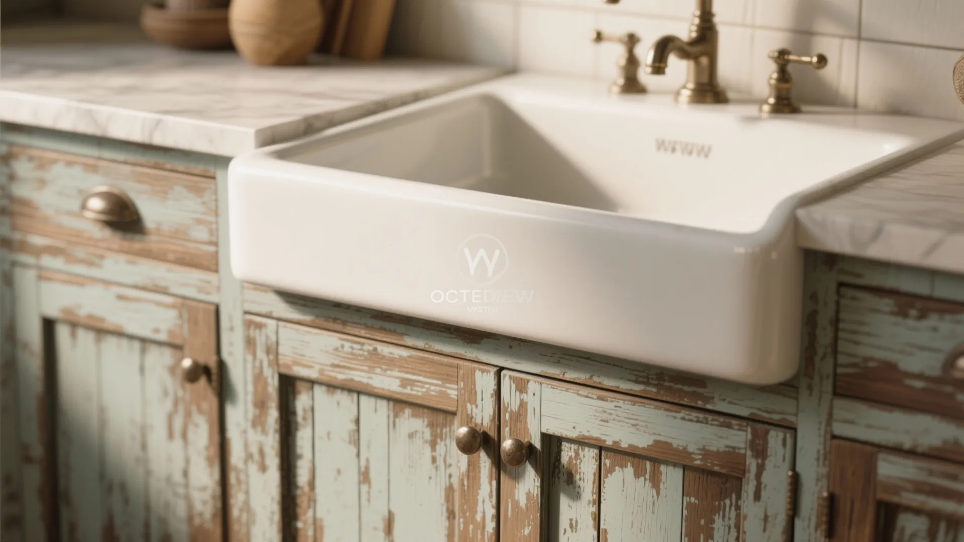 2. Farmhouse Sink & Weathered Cabinets