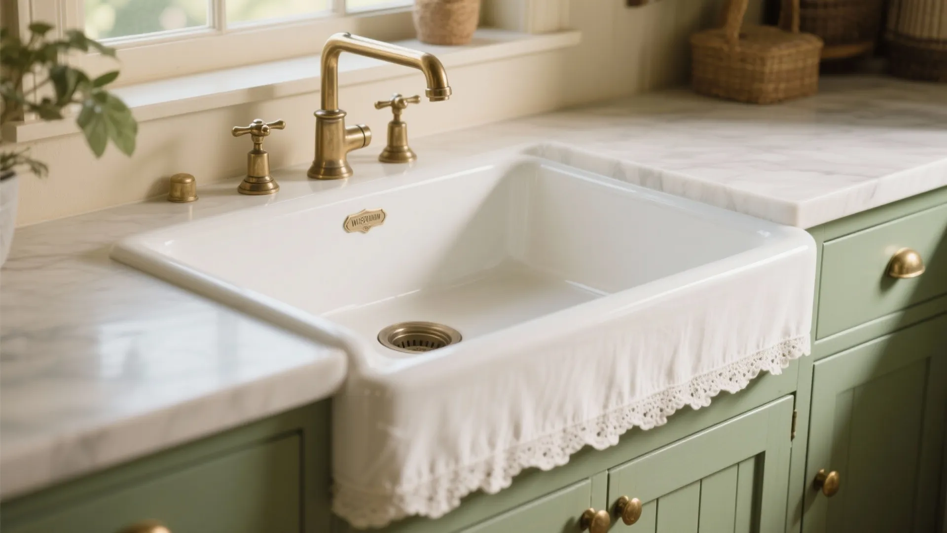 White farmhouse sink with brass tap set in green cabinetry