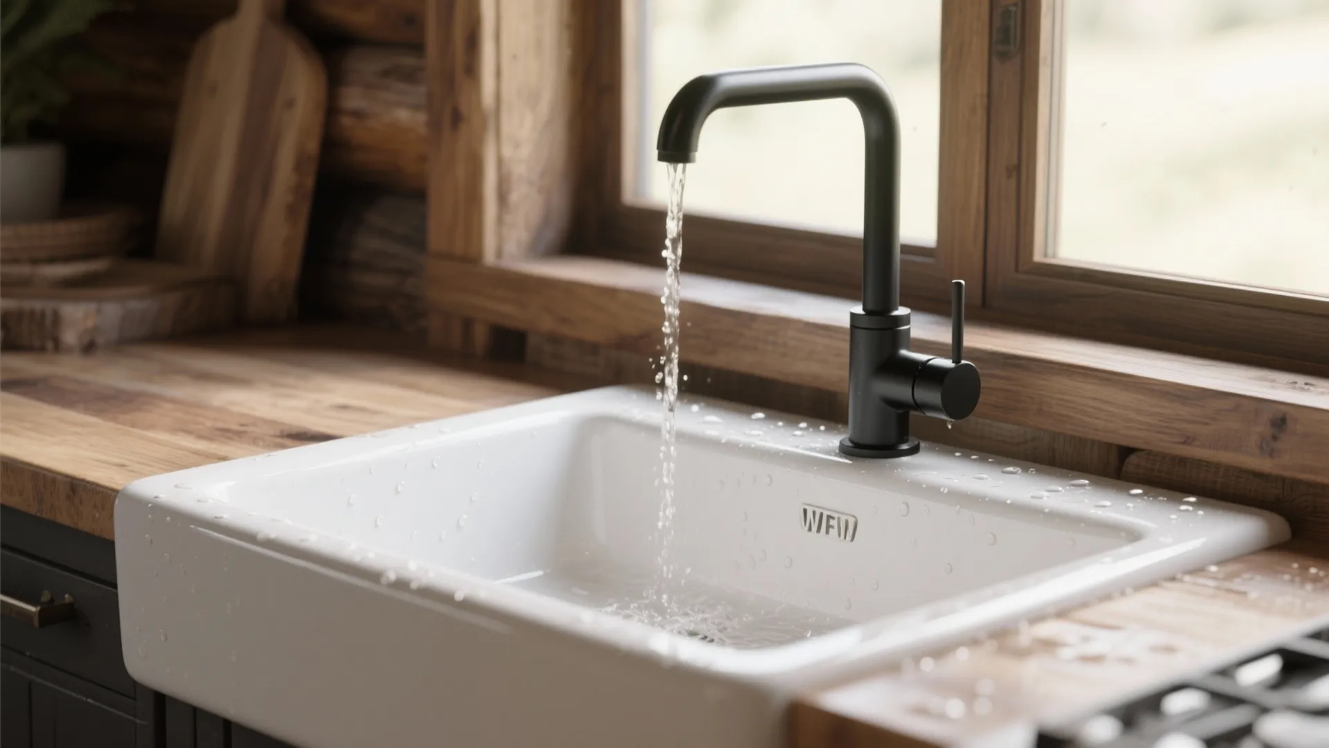 Close up of a white kitchen sink with a black water tap running into it