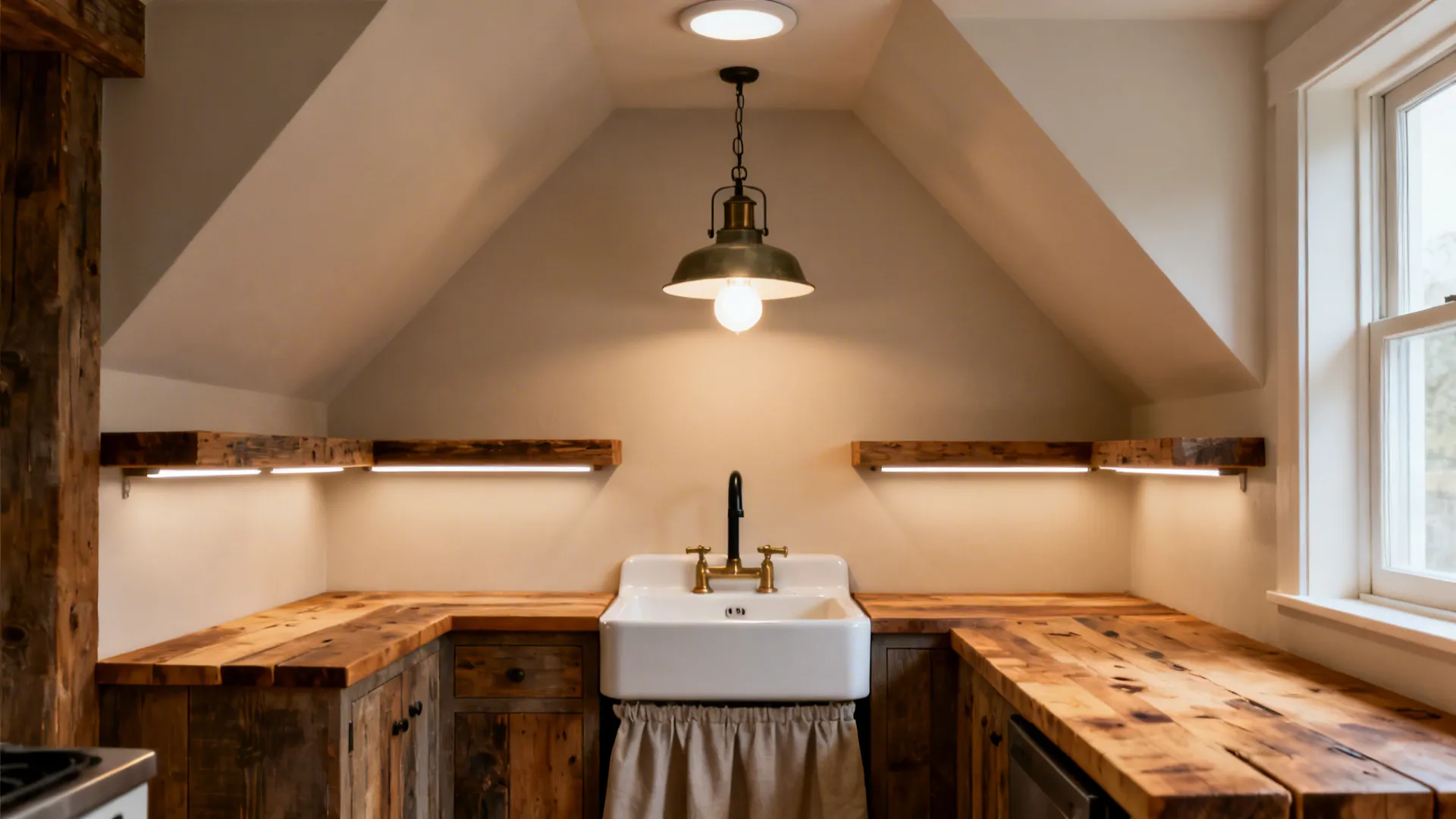 Small farmhouse sink centered under a vintage pendant with warm layered lighting in a rustic kitchen.