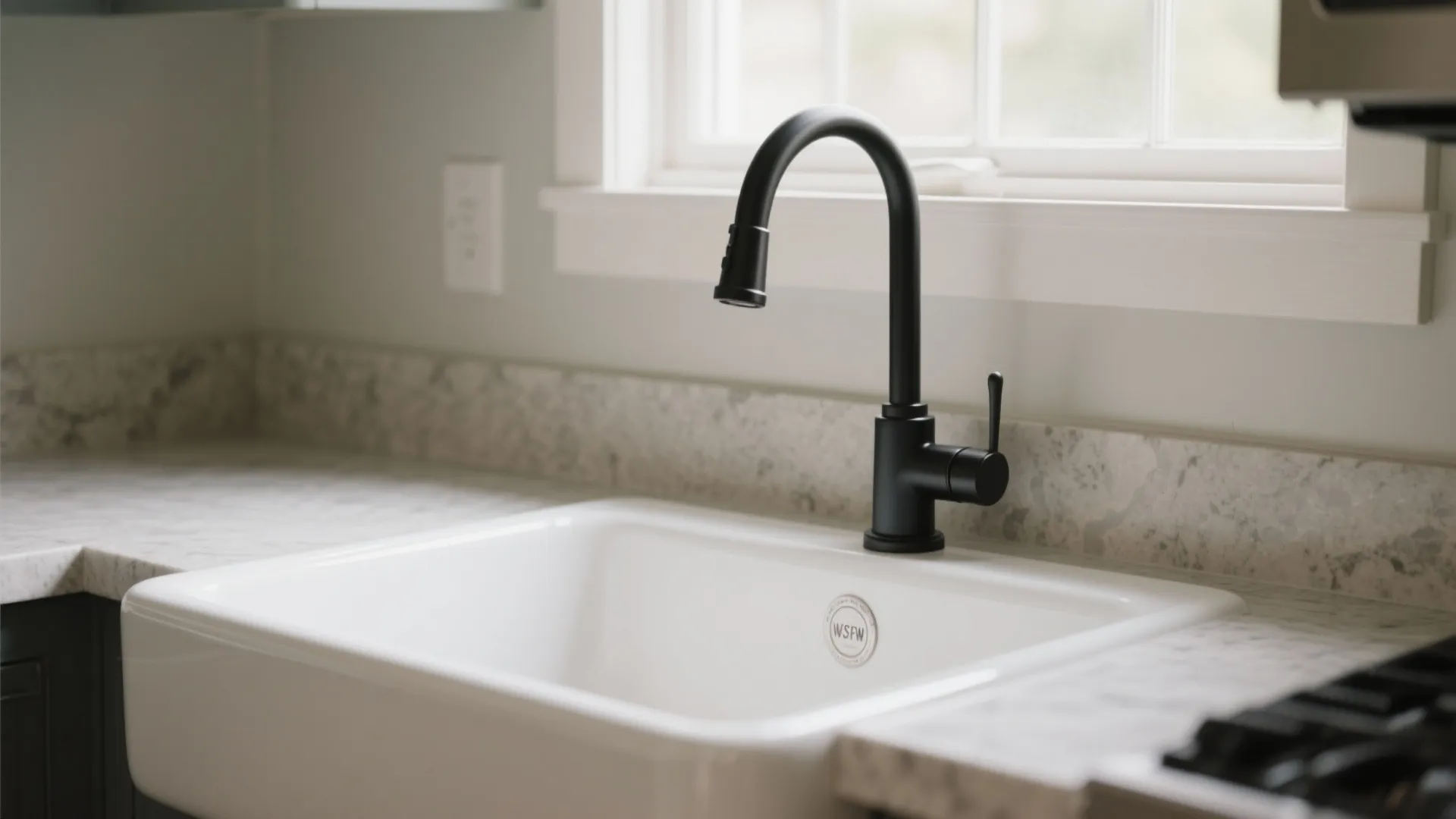 Farmhouse sink with matte black modern faucet in a small kitchen
