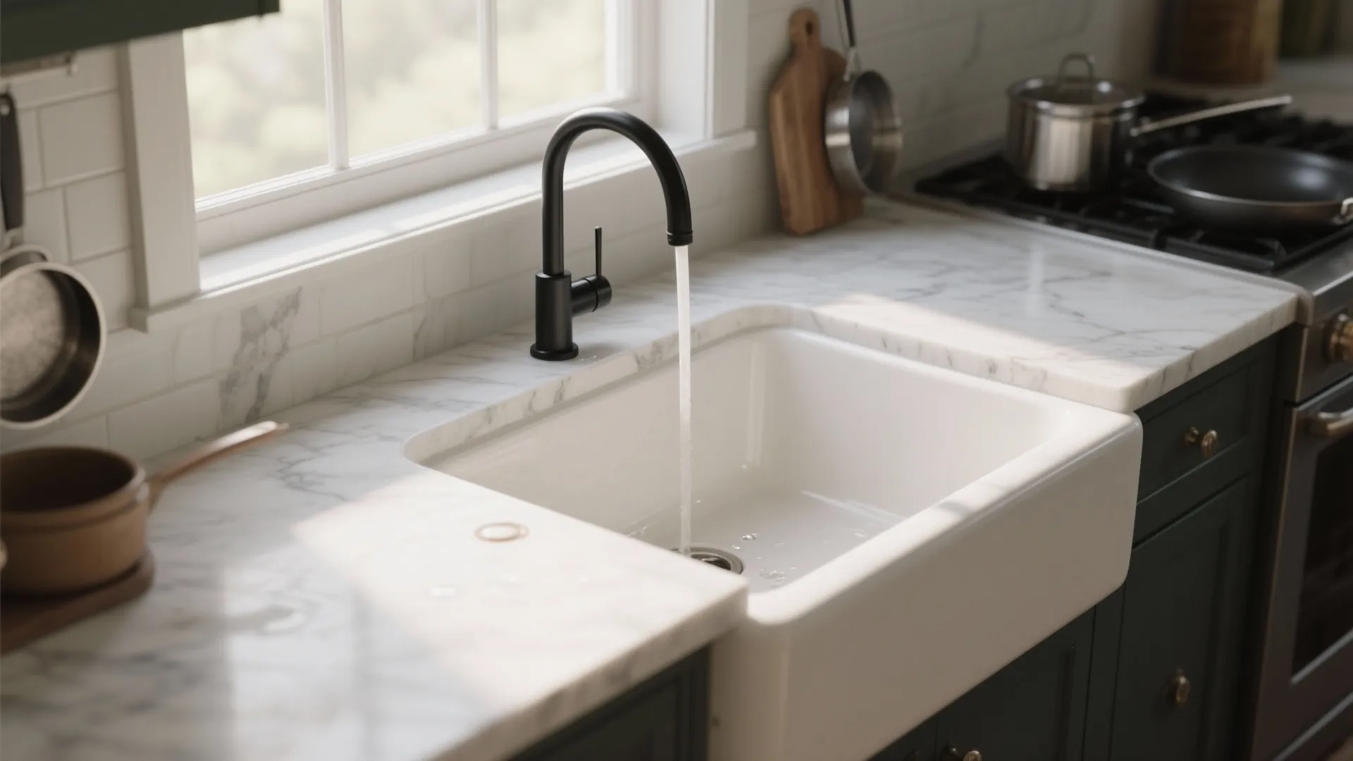 2. Farmhouse Sink with Modern Faucet