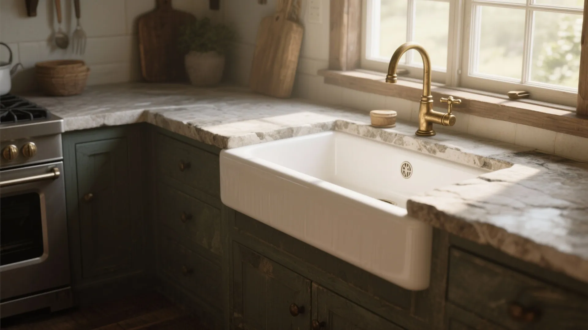 2. Farmhouse Sink & Stone Countertops
