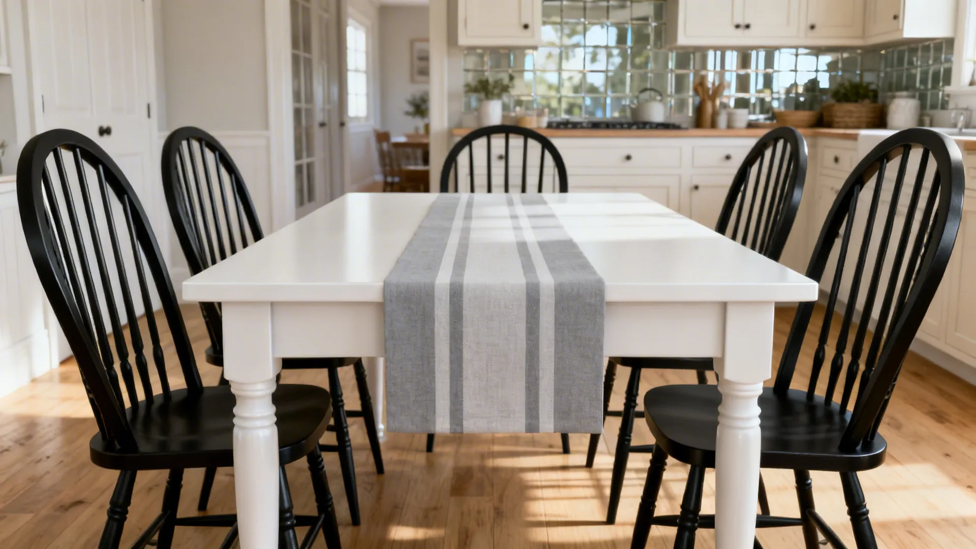 White wooden dining table with grey striped runner and black chairs in a bright kitchen