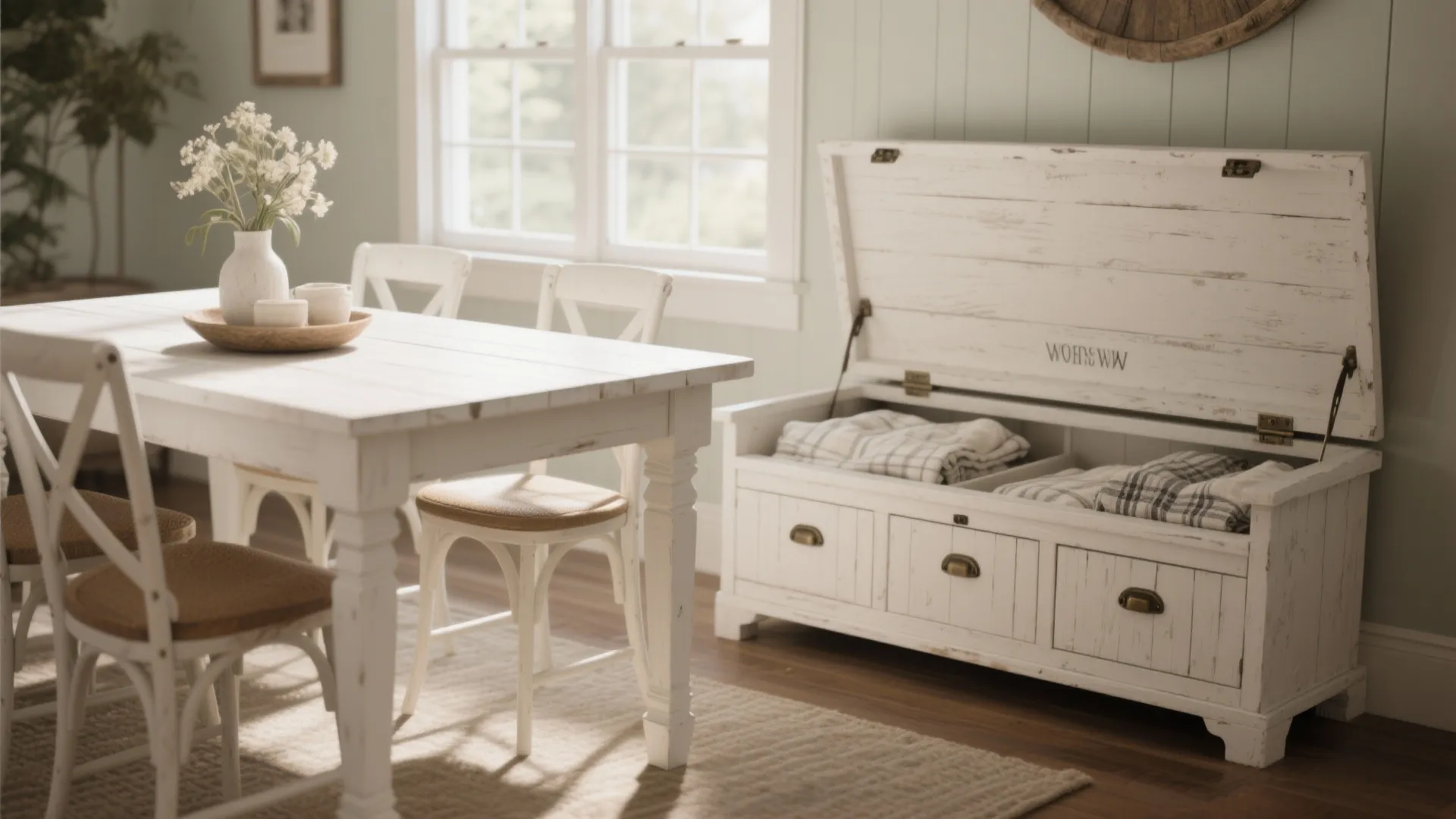 Farmhouse white dining table with a storage bench opened to show linens inside, rustic-modern textures.