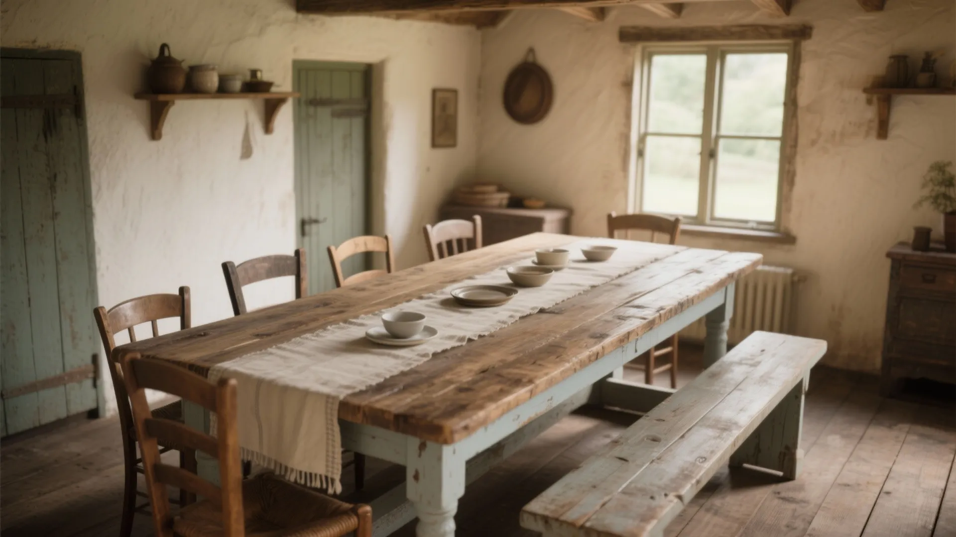 1. Long farmhouse table with mixed seating