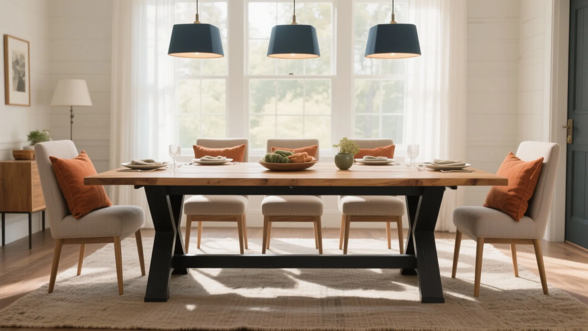 Wooden dining table with black legs, beige chairs, orange pillows, and three blue ceiling lights