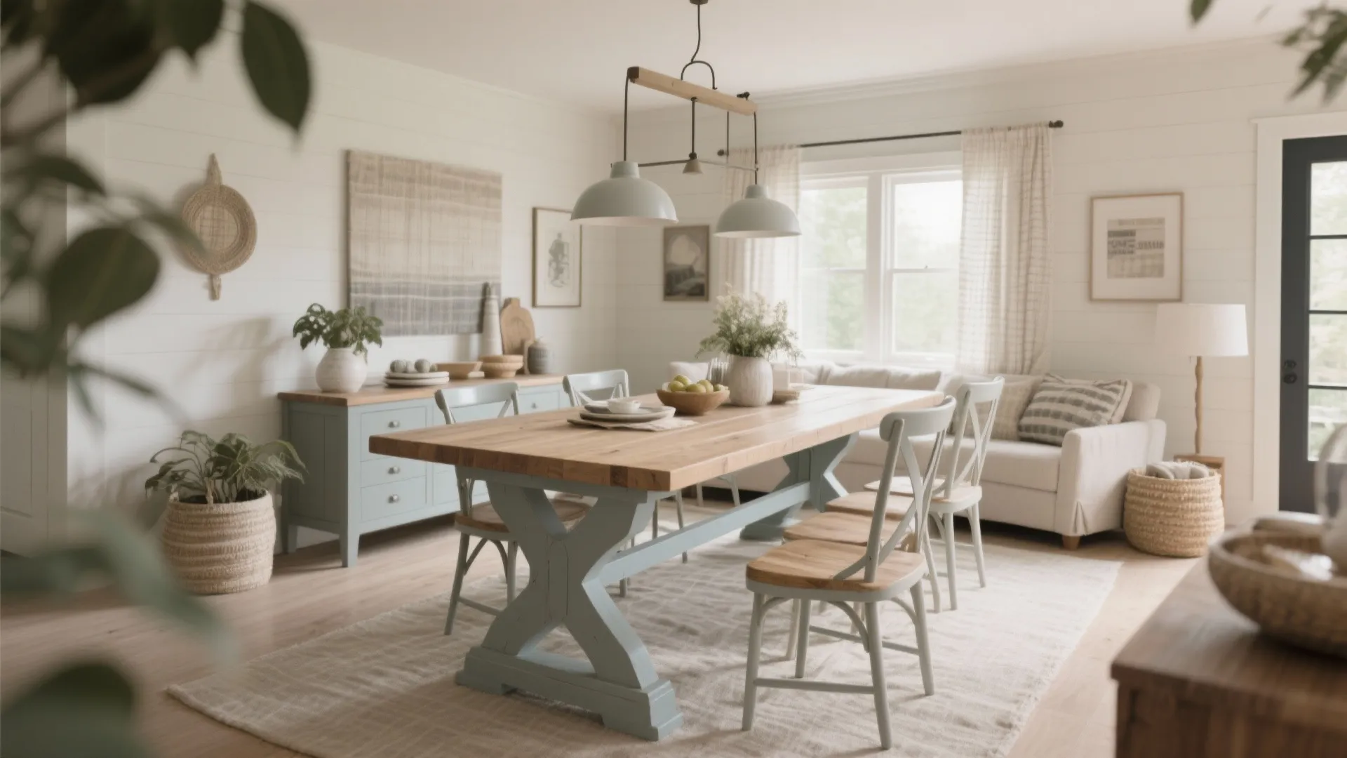 Modern farmhouse dining room featuring light blue wooden table matching chairs cream sofa and ceiling light
