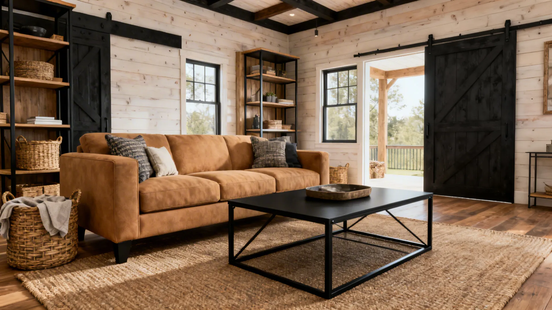 Modern farmhouse living room with a tan sofa and matte black metal details