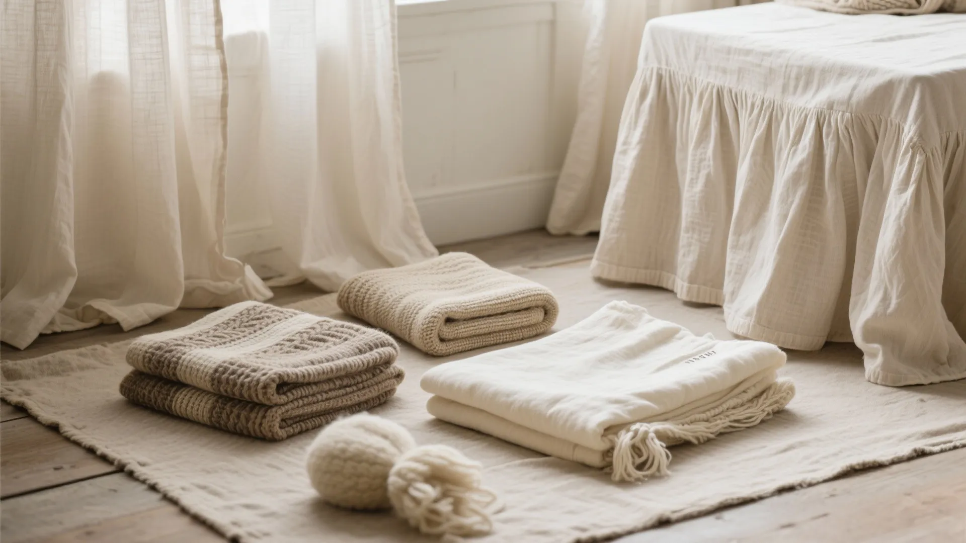 Folded soft cream blankets and fabric arranged on a rug near white curtains and furniture