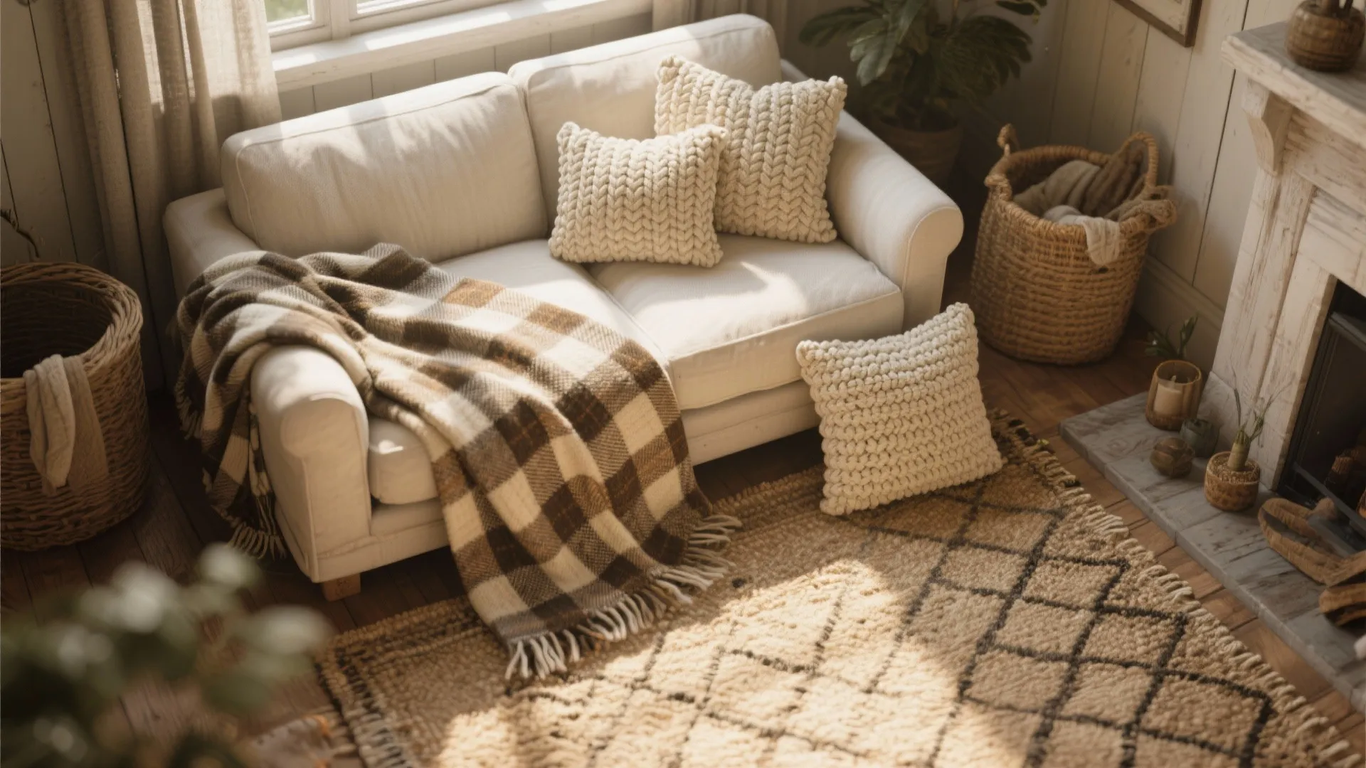 Farmhouse living room with white sofa plaid blanket knit pillows rug baskets and a fireplace