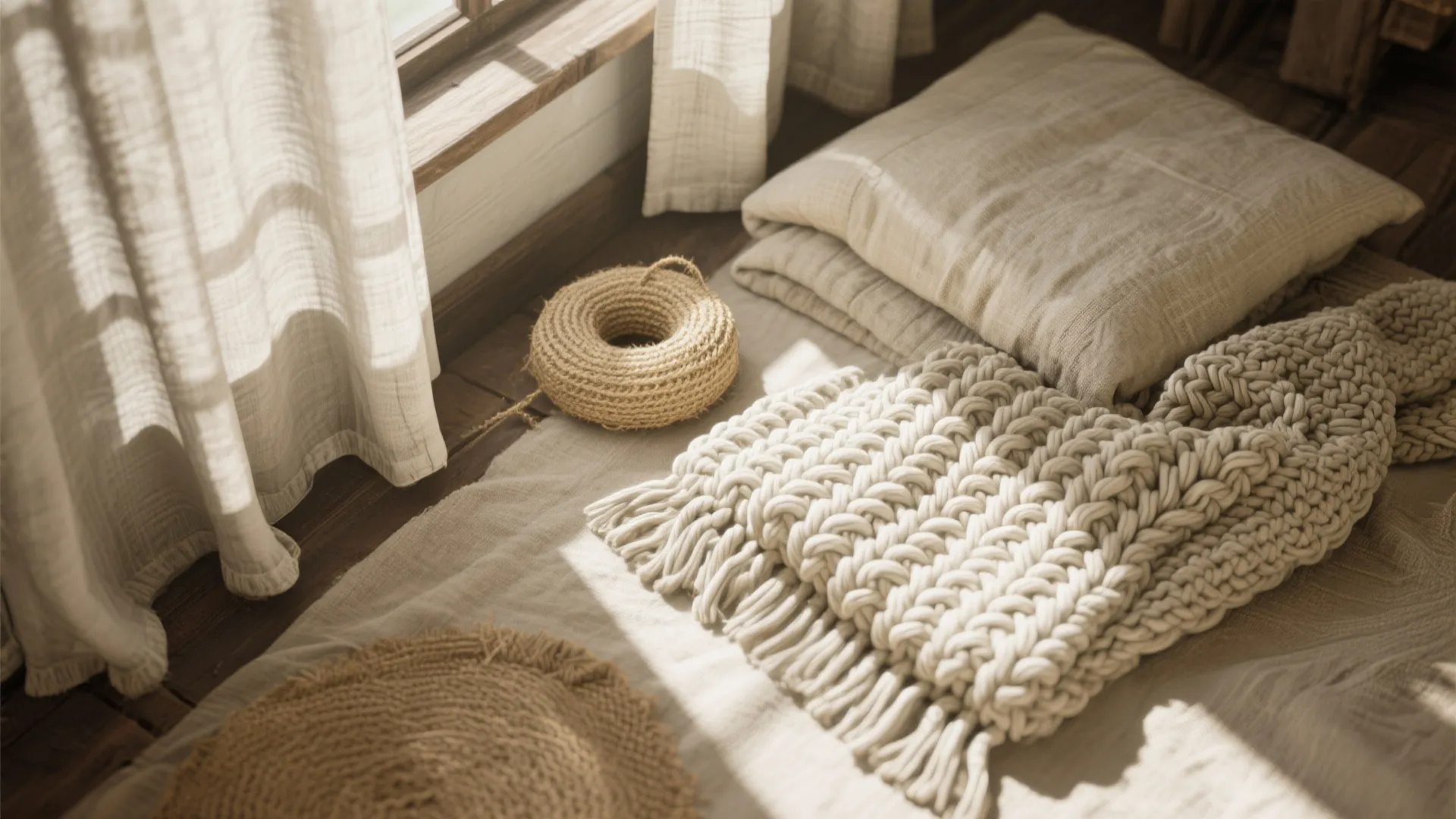 Neutral farmhouse textures with chunky knit blanket jute rope soft pillow and light beige window