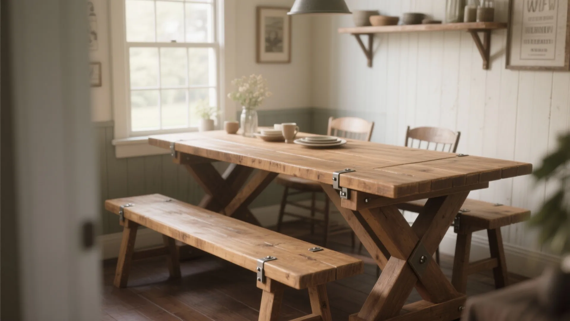 Rustic farmhouse dining room with wooden trestle table long bench chairs wall shelf and window